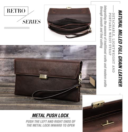 Image of Top Grain Genuine Leather Clutch Wallet with Wristlet for Man & Woman, Handmade Retro Design, Magnetic Push Lock, Multi Pockets /Slots, RFID Large Capacity for Cards /Check /Cash /Coin /Passport, Red Brown