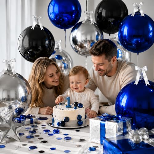 Image of 9 Pcs Black Blue Silver Round Foil Balloons Black Royal Navy Blue Metallic Silver Chrome 4D Ball Balloons 22 In Orbz Mylar Balloon for Graduation Grad Birthday Anniversary Party Decorations