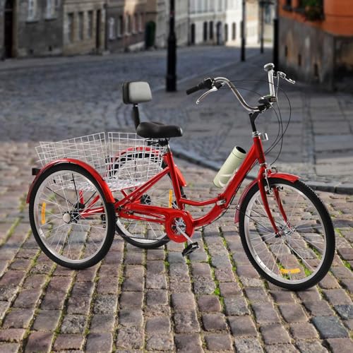 Triciclo de 24 pulgadas para adultos, plegable, 3 ruedas, 7 velocidades, 3 ruedas, con respaldo de cesta, freno de disco Triciclo, carga de 120 kg, para personas mayores (rojo)
