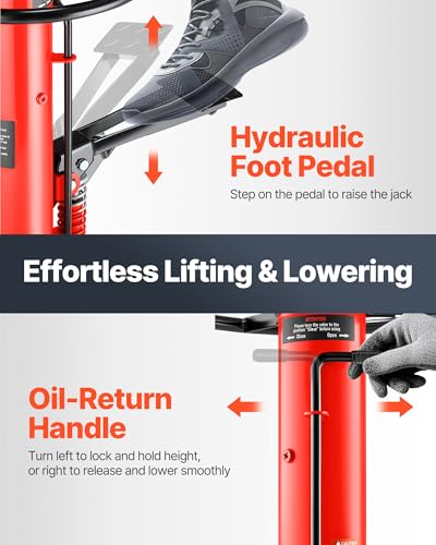 Image of VEVOR 1 /2Ton /1100lbs Capacity Hydraulic Transmission Jack, Car & Truck Compatible, 33.5-67 Inch Lift Range, 2-Stage Jack Stand with Foot Pedal, 360 Swivel Wheel, Red
