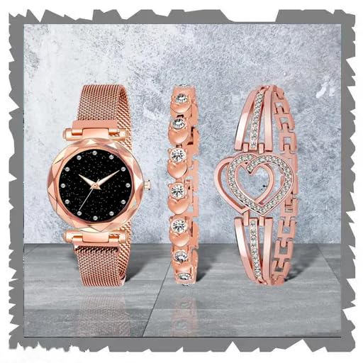STYLEDOSE Black Round Dial Latest Coloured Magnetic Strap with Dimond Studded Braclets Womens & Girls Watches Combo Pack of 3 for Women & Giirls (Rose Gold) (B0D8JFH13V) Amazon Price History, Amazon Price Tracker