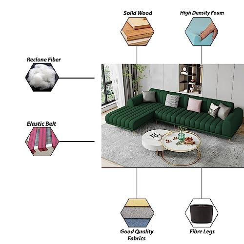 Image of Casaliving Herrick LHS 6 Seater L Shape Sofa Set with 2 Puffy for Living Room (Green Colour Fabric) Premium Velvet Fabric Sofa for Living Room | Hall