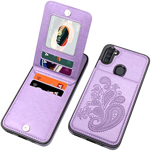 SIZIYNan Flip Case for Samsung A11 Case, Embossed Flower Series Premium PU Leather Galaxy A11 case for Women with Wallet Credit Card Holders Slim A11 Phone Case for Samsung Galaxy A11, Purple