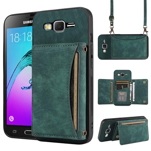 Phone Case for Samsung Galaxy Core Prime Wallet Cover with Crossbody Shoulder Strap and Leather Credit Card Holder Pocket Slim Stand Cell Accessories Mobile Flip Purse G360 G360M Women Girls Green