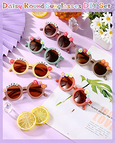 Kanayu 24 Pairs Kids Flower Sunglasses Set, Include 24 Round Girls Sunglasses Bulk Boho Colorful Eyewear 200 Random Resin Letter Beads 100 Daisy Charm 2 Glue for DIY Groovy Party Favors Gifts4