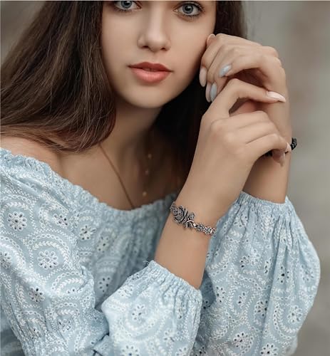 Bracelets for Women, Vintage Black Onxy Chain Link Silver Rose Flower Design Marcasite Bangle Bracelets Jewelry Gift4