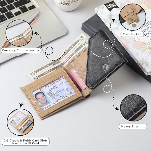 Image of VEMILIO Men's Vegan Leather Wallet for Men | Edge Cut Slim Bi-Fold Gents Purse | Stylish Wallet with Coin Pocket | 3 Card Slots | ID Window & 2 Currency Compartments (Beige & Black)