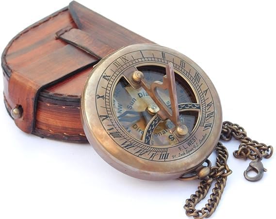 GIC PROCDECT Sundial Push Open Compass Rustic Clock with Leather Box Antique Solid Durable Nautical Gift