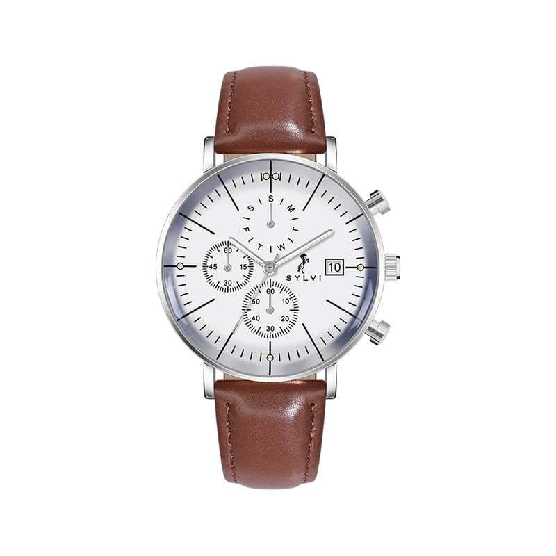 Image of Sylvi Gazedoom SilverBrew Men's Analog Watch - Leather Strap, Glossy White Dial, 3 ATM Water Resistant