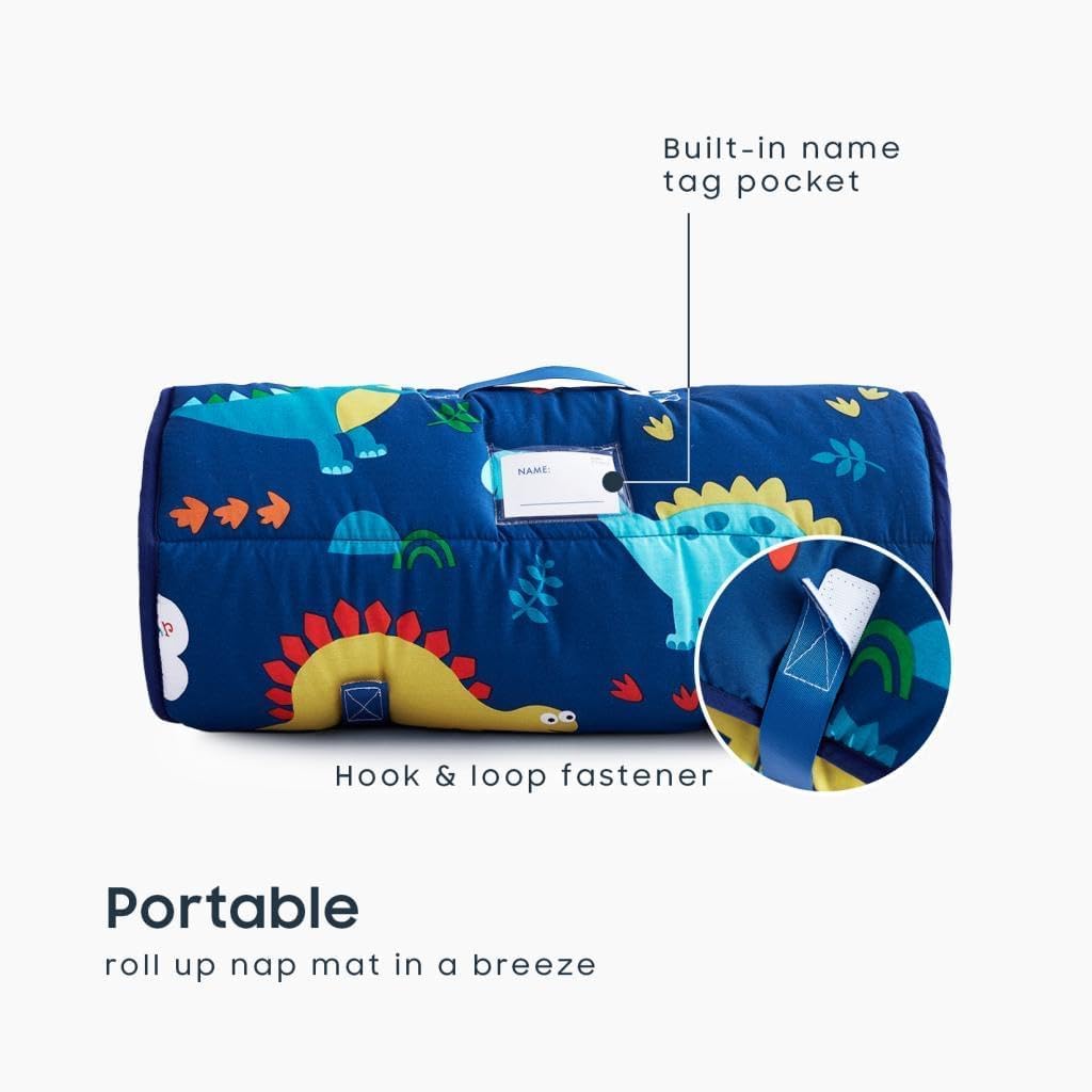 Wake In Cloud - Toddler Nap Mat with Pillow and Blanket, 100% Cotton Fabric, for Kids Boys Ages 3 Plus in Daycare Kindergarten Preschool, Roll Up Sleeping Bag, Cute Dinosaurs