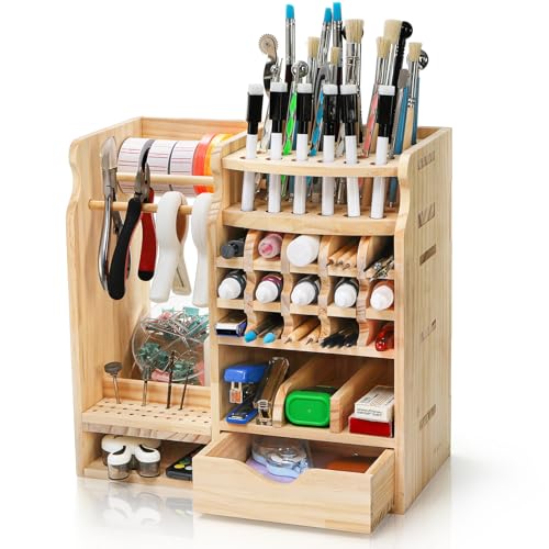 Mezchi Wooden Art Supply Organizer with Adjustable Compartments, Paint Brush & Marker Storage...