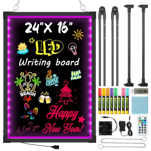LED Menu Board 24 x 16 LED Writing Board with Remote Control Flashing Illuminated Neon Effect Sign Board for Menu - Includes 8 Fluorescent Chalk Markers & Eraser for Restaurant Bar Shop Cafe