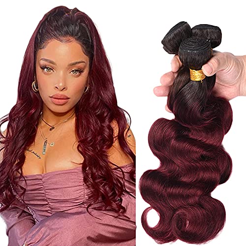 Red Bundles Ombre Human Hair Bundle Burgundy Human Hair Extensions for Women 1b99j 3 Bundles 2 Tone Black To Red Brazilian Remy Body Wave Real Hair Weft Real Human Hair Bundles 22 24 26 Inch