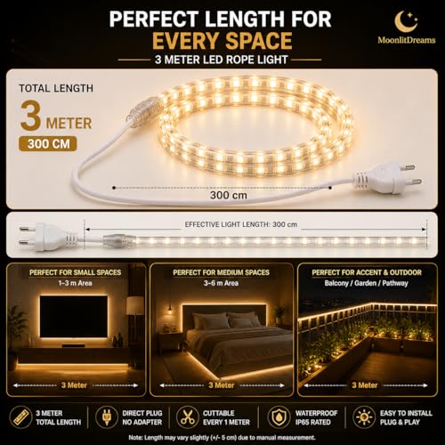 Image of MoonlitDreams 3 Meter LED Rope Light for Decoration - Waterproof Warm White SMD Cove Light for Ceiling, Home Decor, LED Pipe Light for Diwali, Festival, Indoor, Outdoor Use