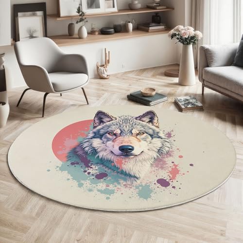 Tapis rond loup beige moquette lavable antidérapante