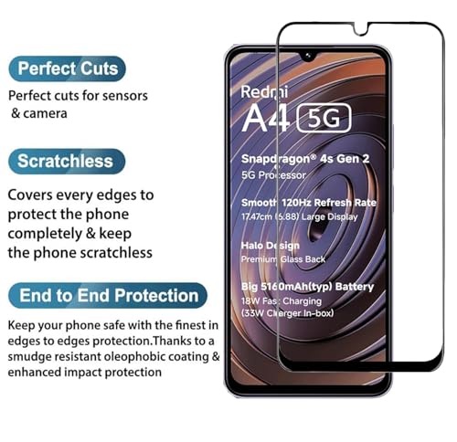 Image of SENBUN Tempered Glass Screen Protector Compatible for Redmi A4 5G with Edge to Edge Coverage and Easy Installation Kit, Pack of 1, Black