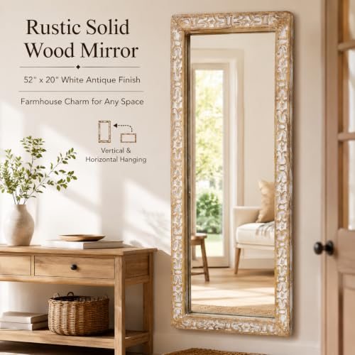 Image of Rustic Solid Wood Wall Mirror, Bathroom Vanity Mirror, Farmhouse Decorative Mirror for Home, Vertical & Horizontal Hanging, Wood Finish 52x20x1.25 inch White Antique