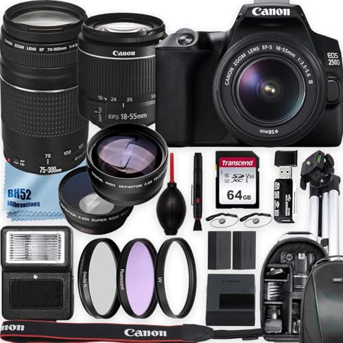 Canon EOS 250D/Rebel SL3 (International Model) DSLR Camera w/ 18-55mm DC III and EF 75-300mm f/4-5.6 III Lenses + Tripod + Deluxe Accessory Bundle (Renewed)