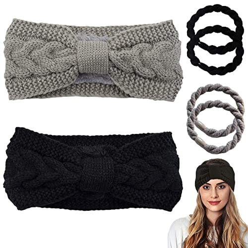 Bandeau Hiver Femme 2 pcs Bandeau Laine Femme Bandeau Cheveux Femme Hiver Bandeau Oreille Femme Tricoté Bandeau Oreille Femme Elastique Femme Chaud Tricoté Noué Bande avec 4 pcs Elastique Cheveux Cover