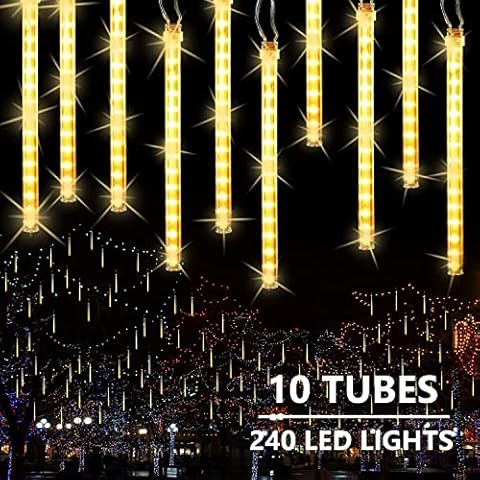 11.8 inch 10 Tubes 240 LED Meteor Shower Raindrop Lights Cascading Lights LED Icicle Lights Falling Raindrop Lights for Holiday Party Wedding Christmas Tree Decoration (Warm White) Cover