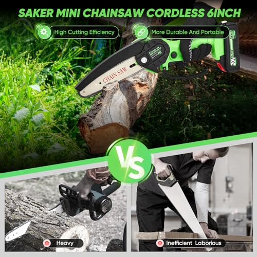 Image of Saker Mini Chainsaw 6 Inch Cordless Small Handheld Chain Saw Battery Powered,Portable Mini Electric Chainsaw for Trimmer Tree,Wood Cutting,Branch Pruning,Green 1 Battery