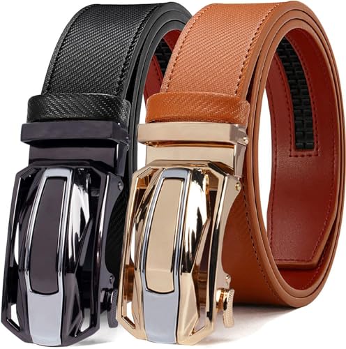 DOOPAI Men's Ratchet Leather Belt Set - 2 Pack Sliding Belt Adjustable For Gift Mens Dress Casual 1 3/8