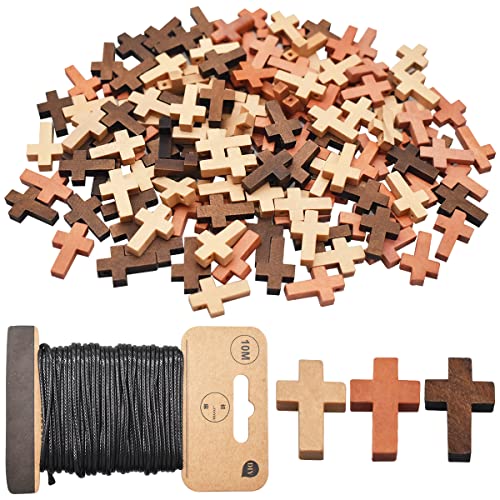 Saijer Holz Kreuz Anhänger,150 Stück Holzkreuz Mit 1 Rollen Gewachste Polyester Schnur 10M Streuartikel Taufe Verzierung 3 Farbe Segen Kreuz Charm für DIY Halskette Schmuck Zubehör Taufe Kommunion Cover