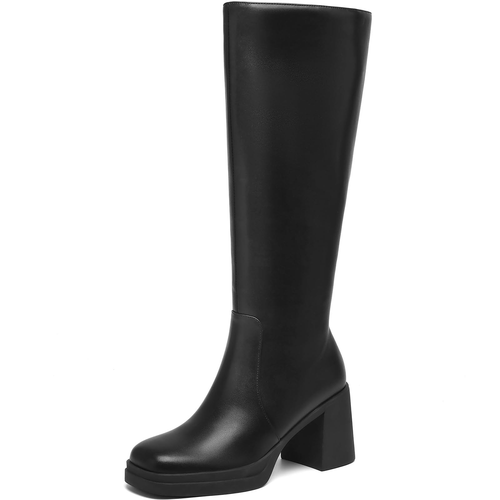 Women's Knee High Boots Square Toe Side Zipper Chunky 3 Inch Heel Platform Boots for Women Faux Leather Fall Tall Boots with Wide Calf Comfort Casual Commuter Dress Heeled Boots