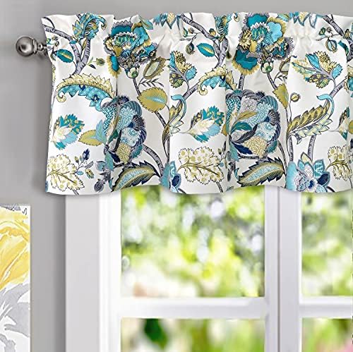 DriftAway Layla Classic America Style Floral Leaves Room Darkening Window Curtain Valance Rod Pocket Single 52 Inch by 14 Inch Plus 2 Inch Header Ivory Teal Gray