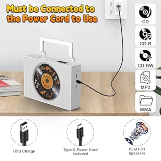 Gueray Lettore CD con Radio: Lettore CD Bluetooth con Maniglia Altoparlanti Display Telecomando Supporta Riproduzione Ripetuta AUX 3,5 mm, Jack per Cuffie, Radio FM, USB Type-C, Lettore MP3