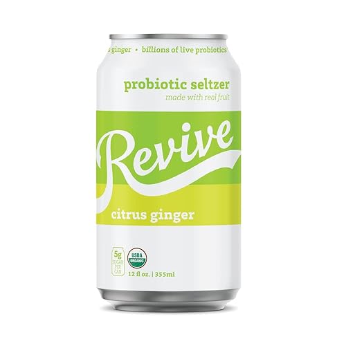 Revive Seltzer probiótico espumoso de jengibre cítrico orgánico, paquete de 12 unidades, miles de millones de probióticos vivos, bajos en calorías,