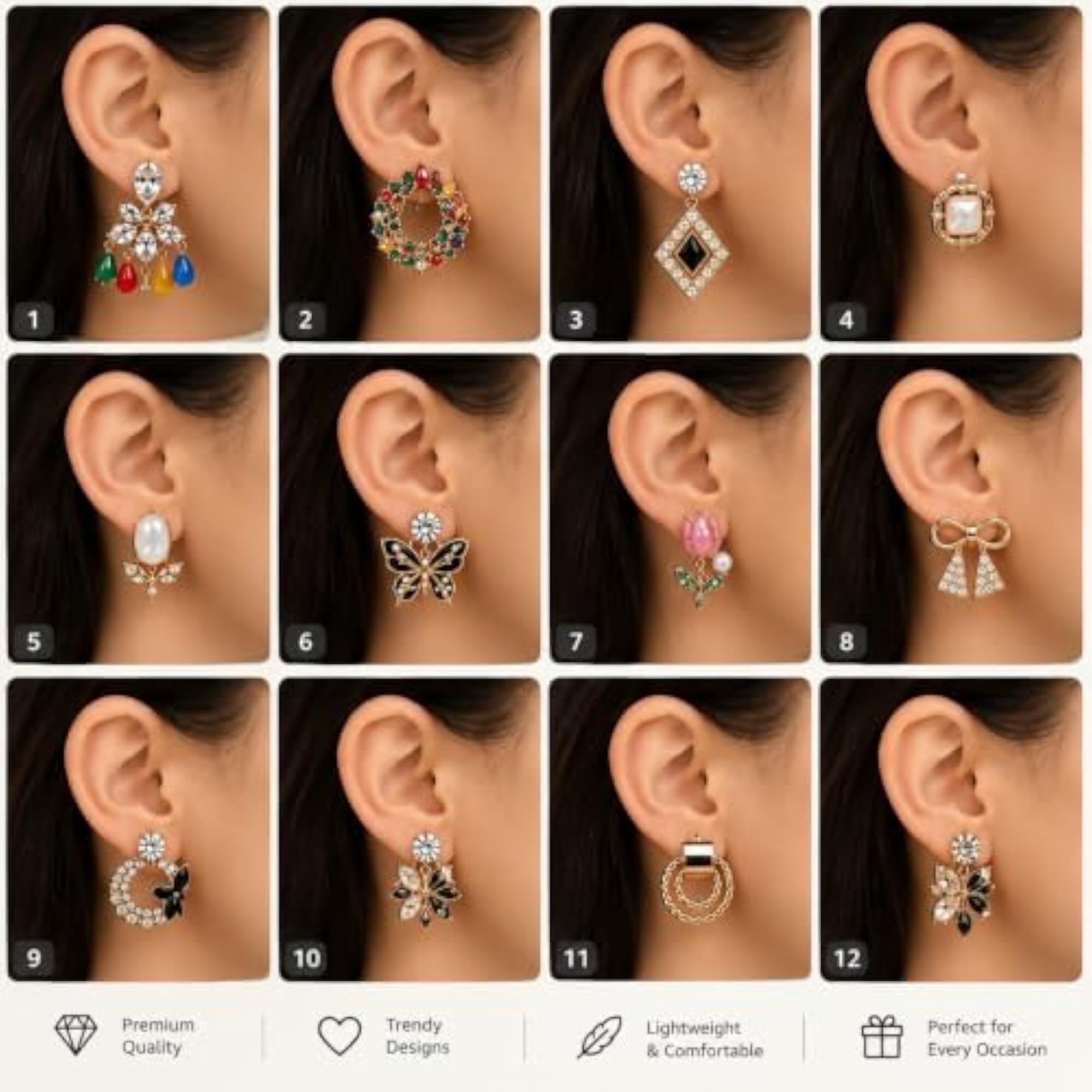 12 Pairs Pearl & Crystal Stud Earrings Set for Women