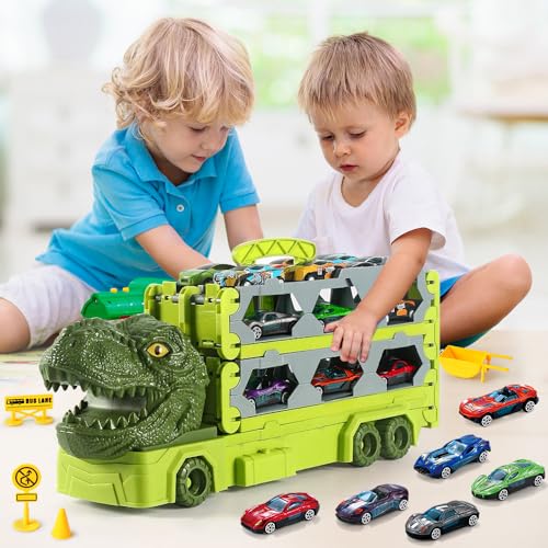 VATOS Transport Truck Toys Cars for Boys Ages 3 4 5 6 7 8, Portable Dinosaur Race Track Truck Toy Car with 6 Race Cars, Best Gift Carrier Trucks Vehicles Toys Set for Kids - Image 2