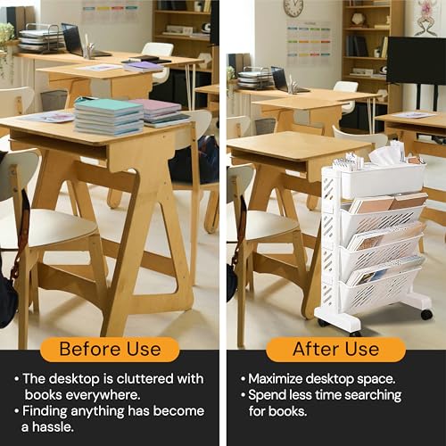 Image of JD FRESH Plastic Mobile Bookshelf with Wheels /Multilayer Deskside Bookcase Rotatable Rolling File Cart Organization Shelf for School /Classroom /Home /Office (4 Tier)
