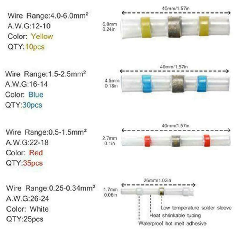 はんだシールワイヤコネクタリング熱収縮チューブ防水ワイヤターミナルスプライス端子キット22-18AWG 200個