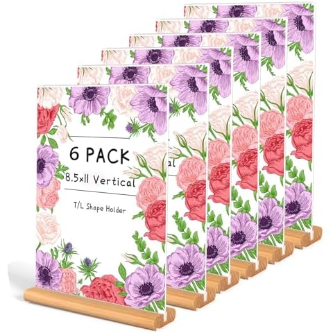 trophable 6 Pack Acrylic Sign Holder, L/T Shape Clear Acrylic Frames Wood Base Table Menu Display Stand for Office School Restaurant Cover