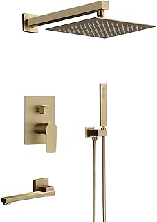 Pommeau de Douche de 10 Pouces Système de Douche à mélangeur dissimulé Ensemble de Douche à Montage Mural avec Corps de vanne Brut pour Douche de Salle de Bain (Couleur : Brass)