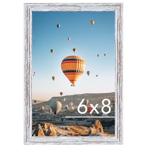 Image of JCJMY 6x8 Picture Frame Rustic White for Wall Hanging or Tabletop, Wall Mounting Horizontally or Vertically, 6 x 8 Wall Gallery Poster Photo Frame with Shatter Resistant Plexiglass, Rustic White