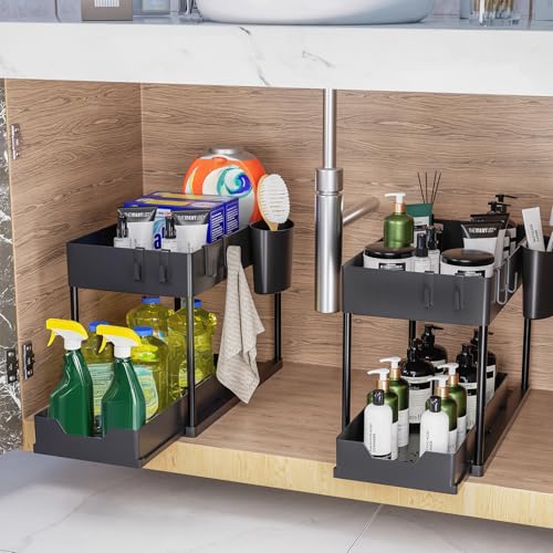 Puricon 1 Pack Under Sink Storage Kitchen Organiser, 2 Tier Under Sink Shelf with Slide Out Drawer, Multi-Purpose Under Sink Bathroom Storage Rack for Countertop Laundry -Black - Image 2
