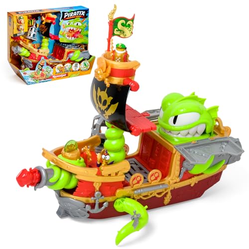 PIRATIX Kraken Ship–Barco Kraken de Piratix. Contém 1barco Kraken, 2 Piratix e acessórios exclusivos, 1projétil de canhão, 1 tesouro exclusivo, 6 tesouros dourados, 1 bandeira exclusiva, 1 espada, 1