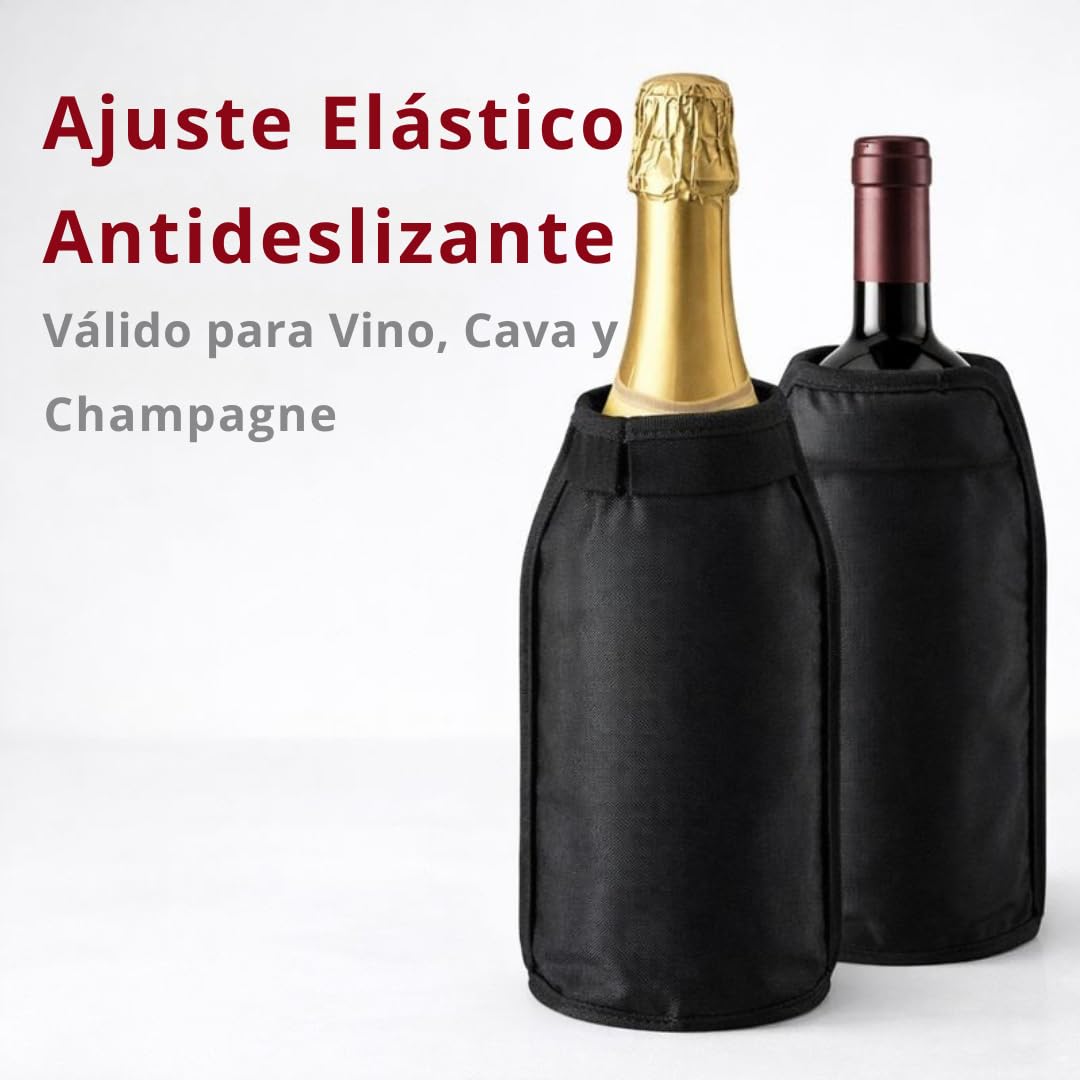 Pack 2 Enfriadores de Botellas de Vino + Sacacorchos Camarero | Funda Enfriadora con Gel Refrigerante Interior | Manga Enfriadora para Vino, Cava y Champagne | 15,5x22,5 cm (negro) — view 3
