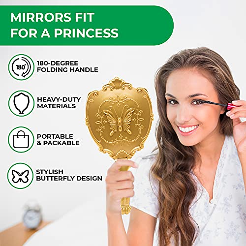 Probeautify Decorative Hand Held Mirror | Beautifully Butterfly Design Hand Mirrors With Handle | Lightweight Mirror | 180 Degrees Full Folding Portable Mirror | Travel Makeup Mirror (Gold) #TOP1