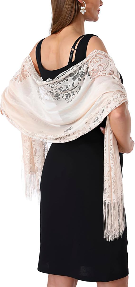 Shrugs for Women,Women'S Floral Lace Scarf Shawl with Tassels Ladies Wedding Shawls and Wraps Lightweight Mesh Fringe Scarves for Evening Party Balls Dress (Off-white)-picture-11