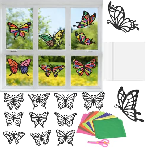 srclo 12 Stück DIY Bastelset für Fensterbilder mit Schmetterlingen und Frühlingsmotive - Kreative Bastelvorlagen für Geschenke zu Sommer und Frühling Party