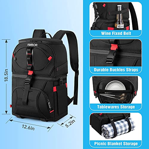 Cooler Backpack With 5 Ice Packs, 32 Cans Insulated Cooler Bag, Ambor Large Capacity Lunch Backpack With Double Decks, Soft Lightweight Leakproof Cooler Backpack For Men Women Work/Hiking/Camping #TOP3