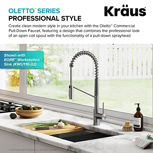 Image of KRAUS Oletto Commercial Style Single Handle Pull Down Kitchen Faucet with QuickDock Top Mount Installation Assembly in Spot Free Stainless Steel, KPF-2631SFS