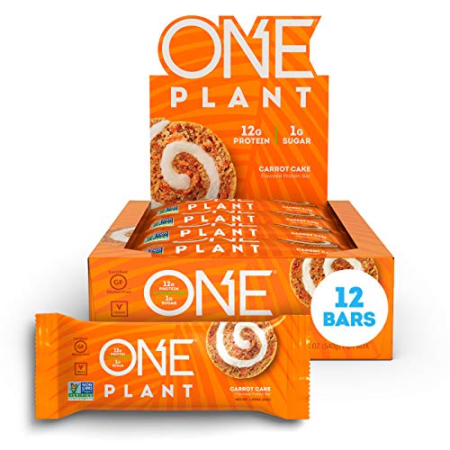 ONE PLANT Protein Bars, Carrot Cake, Vegan, Gluten Free Protein Bars with 12g Protein & Only 1g Sugar, Guilt-Free Snacking for High Protein Diets, 1.59 Oz (12 Pack)
