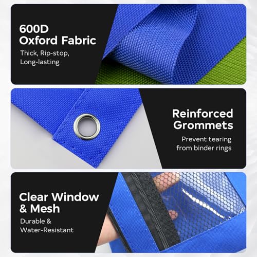 Image of 3 Ring Pencil Pouch for Binder, 2-Pocket Zipper Pencil Case with Clear Window & Mesh Pocket, 600D Oxford Fabric Binder Pouch for School Office Supplies, Fits Standard 3-Ring Binders, Blue