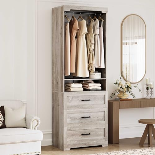 IRONCK Freestanding Closet System with 3 Wood Drawers, Modern Armoire Wardrobe with Adjustable...