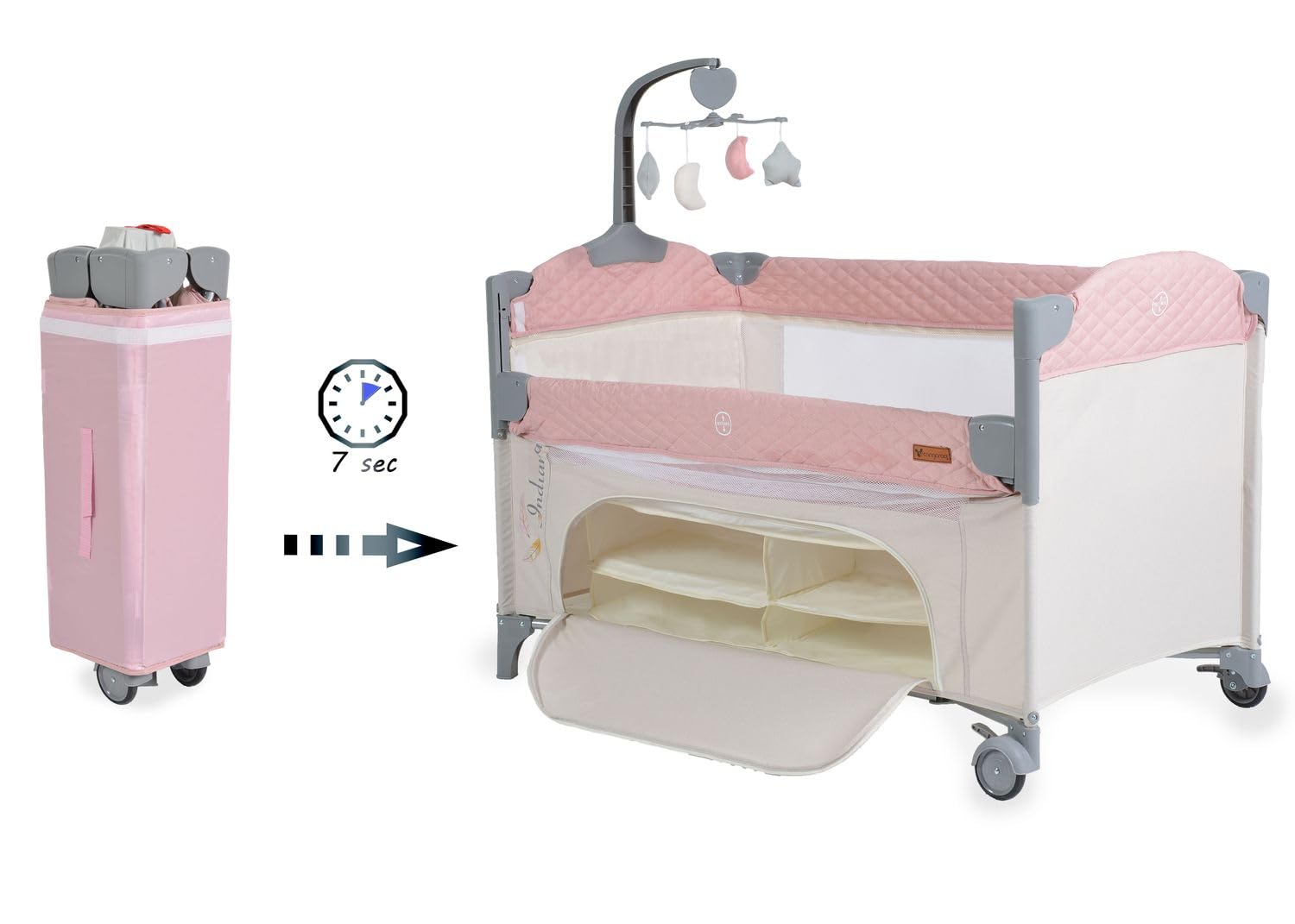 Cangaroo Indiana Camping Kinderbett, mit Musikmobil mit 4 Kuscheltieren, Organizer und eine Tragetasche, Rosa